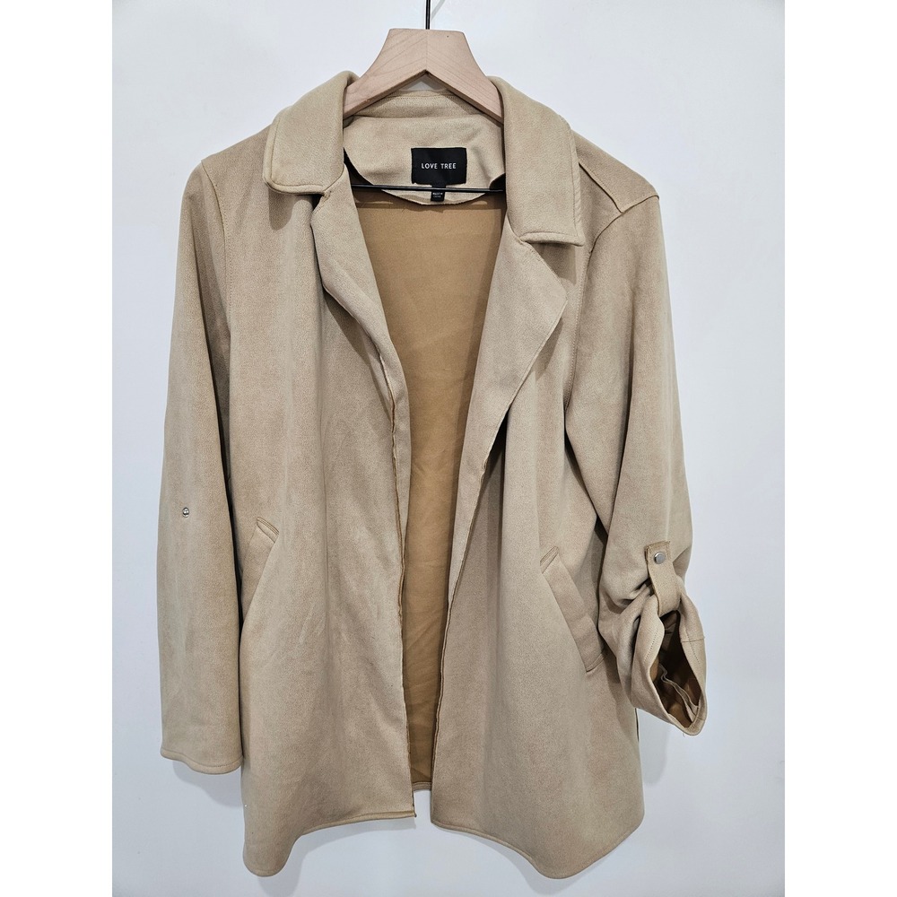 Love Tree Tan Faux Suede Open Front Roll Tab Sleeve Jacket Tan Beige Small